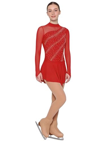 ranrann Femme Robe Patinage Artistique avec Collant Patin à Glace Justaucorp Robe Manches Longues Strass Costume Patinage Compétition B Rouge L