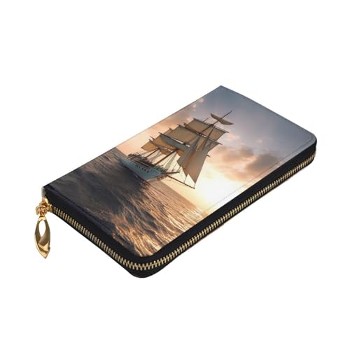 Womens Wallet Leather Slim Wallet Long Card Holder Case Zip Clutch White Sailing Ship at Sunset Travel Purse4
