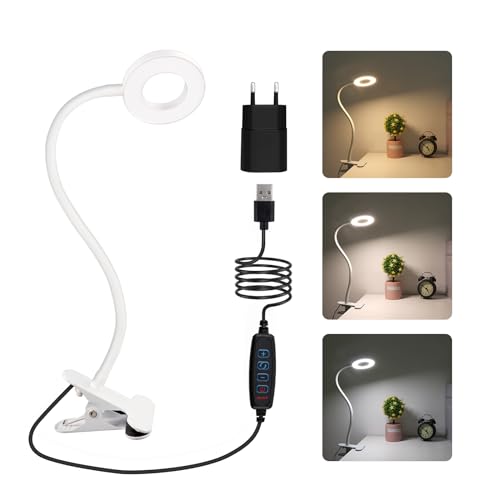 SCNNC 8W Lampara Pinza Cabecero Cama LED con Adaptador, 3 Colore y 10 Brillo Lampara Clip LED USB, Lampara Flexo LED con Pinza para Lectura, Cama, Escritorio, Trabajar (Blanco)