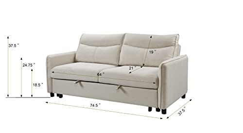 Erye 3-In-1 Loveseat Futon Sofa Convertible Queen Size Bed With Pull Out Sleeper Couch Bed & Reclining Backrest For Living Room Furniture Sets Sofabed, Beige #TOP6