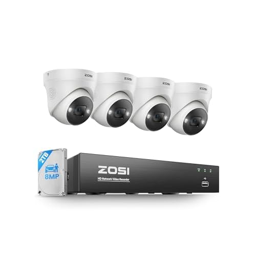 ZOSI 4K POE Security Camera System Outdoor, 4PCS 4K Spotlight Wired Cameras for Home Security, Person Vehicle Detection, Color Night Vision, 8 Ports 16CH 8MP NVR with 2TB HDD for 24/7 Record