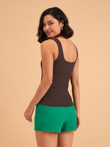 Image of barcino Brown Ribbed Square Neck Tank Top