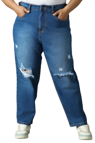 Image of High Star Plus Size Women Cotton Washed Mom Fit High-Rise Jeans