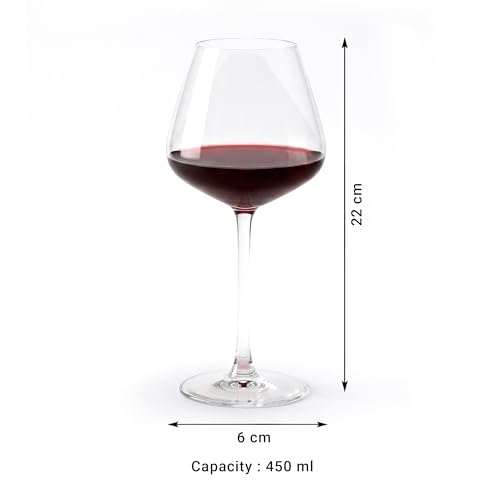 Image of Femora Red & White Wine Glass Set of 2, 450 ml Crystal Clear Long Stem Wine Glasses, Large Bowl Flat Base Glassware for Dining, Parties & Home Bar