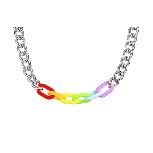 Ayoiow Collar de acero Pareja, Plata Collares De Cadena Cadena De Acrílico Arco Iris Collar Hombre