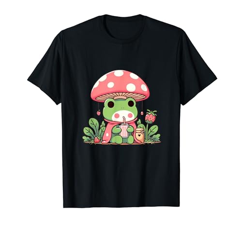 Retro Strawberry Cottagecore Kawaii Frog Japanese Girl Kids Camiseta