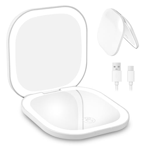 HOTUT Rechargable Miroir de Voyage Grossissant, 3X/1X Miroir Maquillage Grossissant Lumineux, Miroir de Maquillage, avec 3 Couleurs Eclairage, Double Face, pour un Maquillage Précis, Blanc