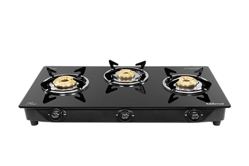 Image of Gilma Rio 4 Burner Gas Stove | Jumbo Brass Burner | 6mm Toughened Glass Top | Powder Coated Body | Vitreous Enamel Pan Supports | Gloss Black | Manual Ignition | 2 Years Warranty By Gilma