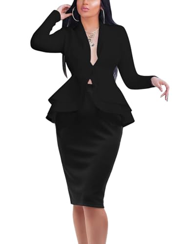 Two Piece Suit Sets Stretchy 2 Piece Outfits for Women Solid Blazer Jacket Skirts Sets