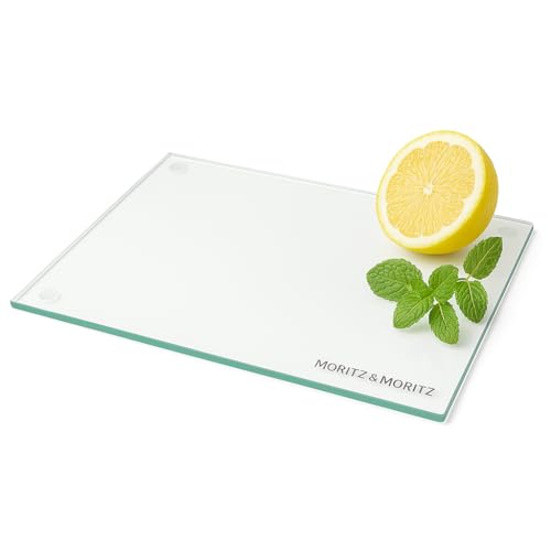 Moritz & Moritz Glasschneidebrett 40x30 cm - Kratzfestes & hygienisches Schneidebrett aus Sicherheitsglas - Rutschfestes Schneidebrett Glas als Küchenbrett, Schneidunterlage & Servierplatte