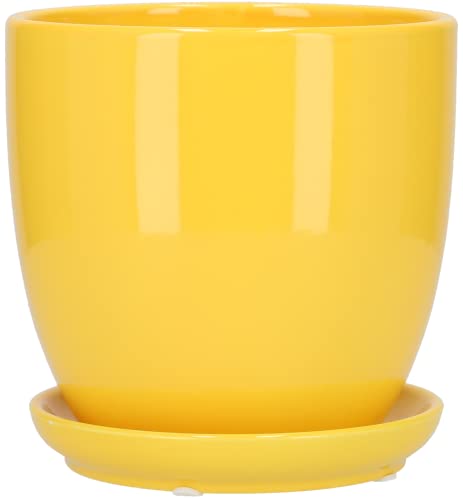 Miniatura 4 de Kotarbau Macetero Con Plato De Ceramica Esmaltada, 15 Cm, Maceta Para Interiores Y Exteriores, Tiesto Decorativo Para Plantas, Amarilla Con Plato Y Orificio De Drenaje