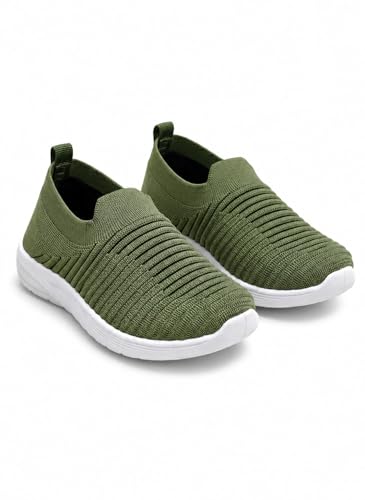Image of Kids Slip-On Knit Sneakers, Olive Green, Lightweight Walking Shoes with White Sole