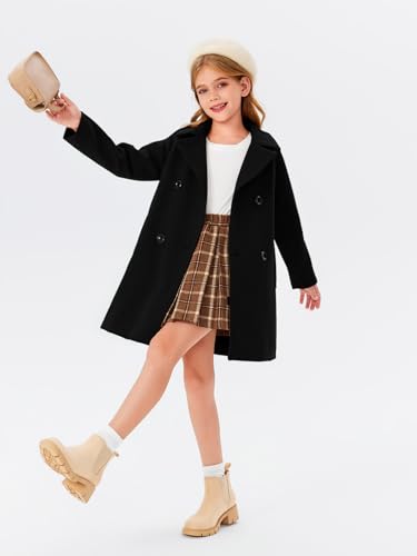 Haloumoning Girls Double Breasted Pea Coat Kids Long Sleeve Notched Lapel Winter Dress Coat With Pockets 5-14 Years3