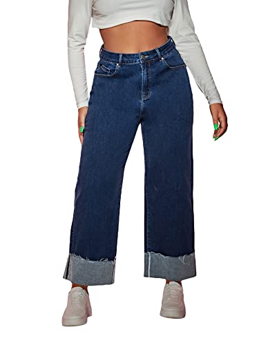WDIRARA Women's Plus Size Straight Denim High Waisted Baggy Wide Leg Raw Hem Casual Jeans with Pocket