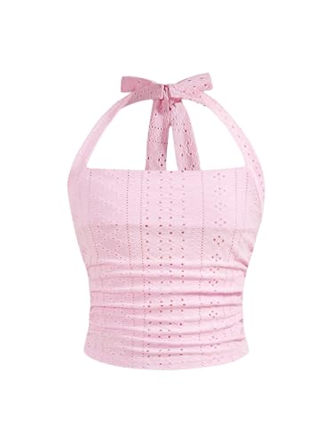 Image of Floerns Girl's Eyelet Embroidery Sleeveless Halter Vest Solid Ruched Crop Tank Top