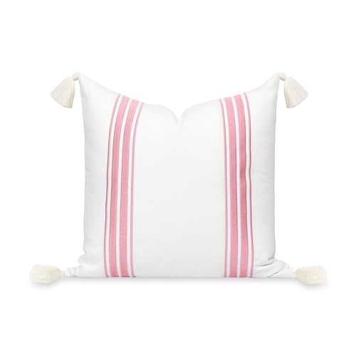 Hofdeco Premium Coastal Patio Indoor Outdoor Throw Pillow Cover Only, 20"x20" Water Repellent for Backyard, Couch, Blush Pink Embroidered Stripes with Tassels