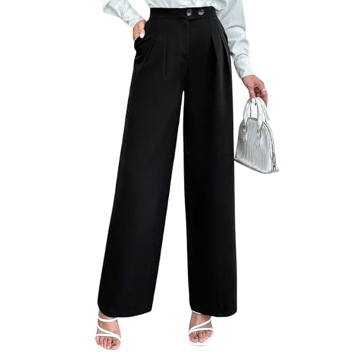 Women's High Waist Wide Leg Pants Elegant Solid Color Button Zipper Detail