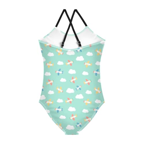 senya Girls Swimsuits One-Piece Swimwear Tie Bathing Suit Beach Summer Round Neck 7-8T Aircraft Clouds Pattern2