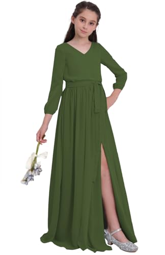 Long Sleeves Juniors Bridesmaid Dresses Chiffon Flower Girl Dresses V Neck Junior Wedding Party Dress UJR001
