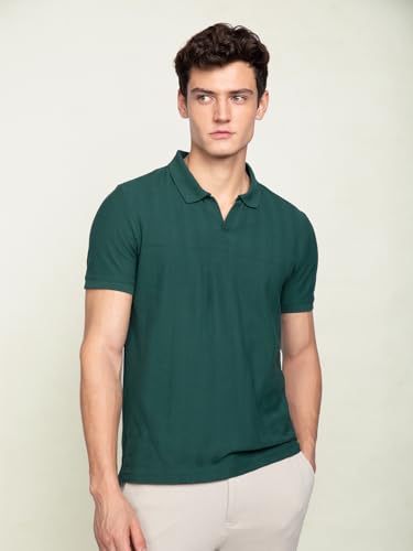 Image of DAMENSCH Men Rich Pique, Statement Textured, Body-Cooling All Degree, Premium Cotton, Herringbone Texture Johnny Collar Polo T-Shirt