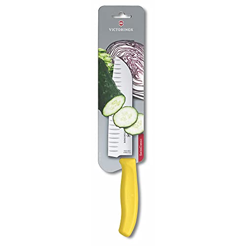 Victorinox Swiss Classic Santokumesser, Messer Asiatischer Art, Extra Scharfe Klinge, Kullenschliff, 17 cm, Rostfreier Stahl, Blister, Gelb – Ansicht 6