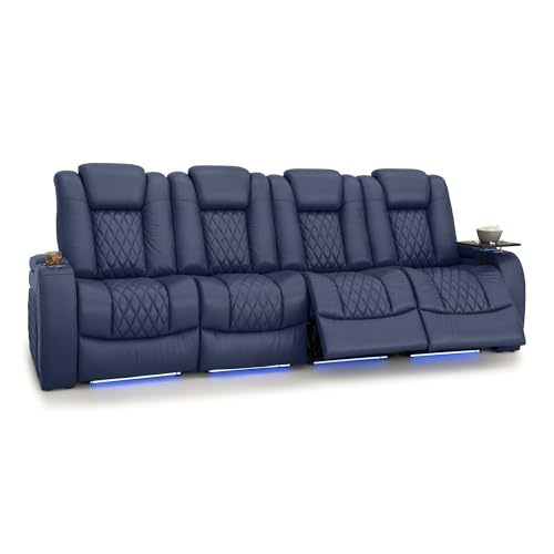 Image of Seatcraft Diamante Navy Blue Italian Leather Home Theater Seating, Zero Gravity Power Recliner, Gaming and Home Office Chair, Powered Headrest Furniture for Family Cinema Room, Row of 4 Sofa