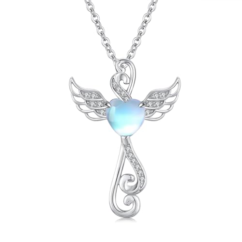 Collier pierre de lune femme avec pendentif croix ange religieux en argent 925