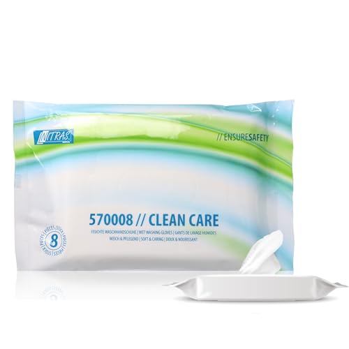 Nitras Clean Care Feuchte Einmal Waschhandschuhe mit Aloe Vera & Kamille für Gesicht, Körper, Hände - 8 besonders weiche & erwärmbare Tücher Größe 23 x 14 cm