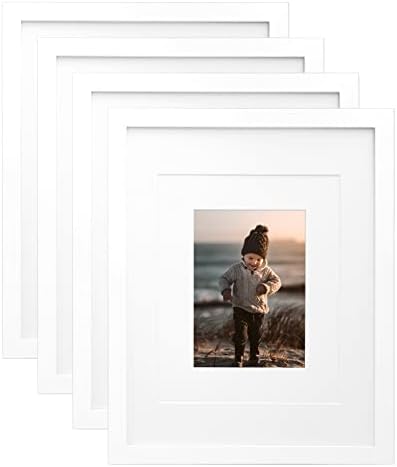 KINLINK 11x14 Picture Frames White, Wood Frames with Acrylic Plexiglass for Pictures 5x7/8x10 with Mat or 11x14 without Mat, Tabletop and Wall Mounting Display, Set of 4