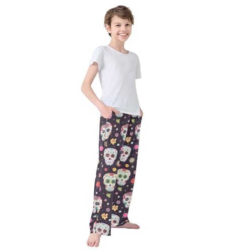 Boys' Pants Skull Flower Black Pattern Long Bottoms Jogger Pants Elastic Waist Trousers with Pockets S-XL4