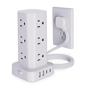 Power Strip Tower Surge Protector, 6FT Flat Plug Extension Cord with Multiple Outlets, 12 AC Outlets 4 USB (2 USB C), Desktop Charging Station with Surge Protection for Home Office Dorm Room, White