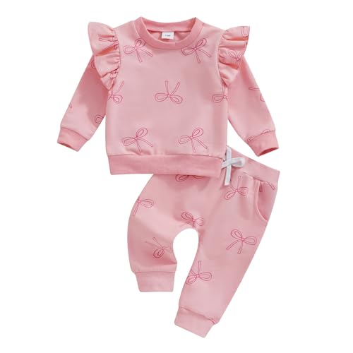 MERSARIPHY Baby Girl Outfits Fall Infant Girl Winter Clothes Cute Print Long Seeve Sweatshirt Tops Pants Set Toddler Clothing (Pink Bow-2, 18-24 Months)