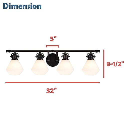 Image of Aspen Creative 62092, Four-Light Metal Bathroom Vanity Wall Light Fixture, 32 inch Wide, Transitional Design in Bronze with Opal Glass Shade