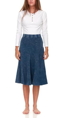 Women's/Teens Stonewash Cotton Flared Midi Skirt – Denim Look, Elastic Waist, Panel Design, 27” Length4