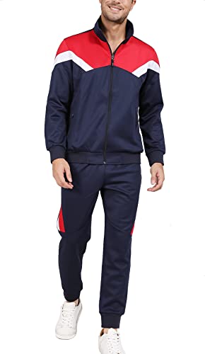 Luckyoung Men’s Athletic Tracksuits 2 Piece Set Zipper Jackets Drawstring Waistband Pants Dark Blue Red Large #TOP7