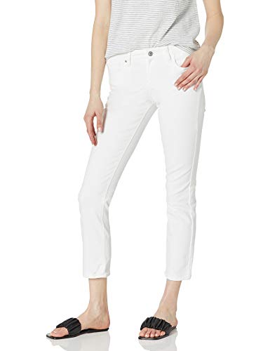 PAIGE Women's Amber Mid Rise Straight Leg Vintage Hardware in Crisp White with Broken Hem