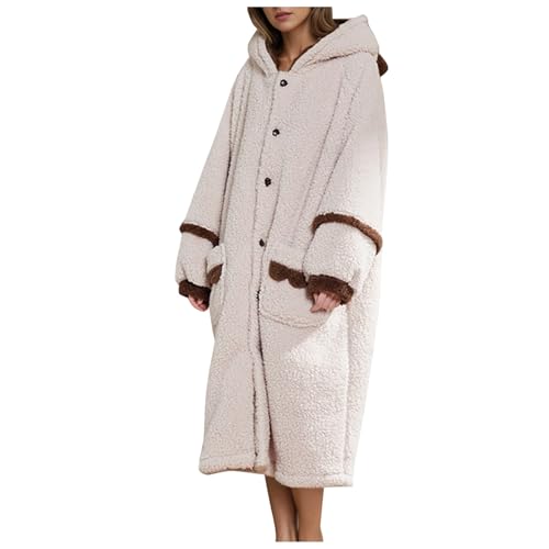 Albornoz de baño para mujer, largo de felpa, confort y cálido, invierno, con capucha, vestido de dormitorio para mujer, talla grande, con botones, pijama de ocio, camisón de noche esponjosa, ropa de