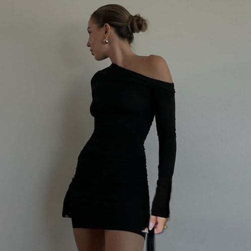 YOXUA Women's Elegant Sexy Off Shoulder Dress Long Sleeve Bodycon Ruched Formal Cocktail Party Mini Dresses4