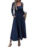 Mieazom Women’s Long Sleeve Square Neck Maxi Dress Adjustable Waist Tie Casual Flowy A-Line Pleated Dresses with Pockets Navy M
