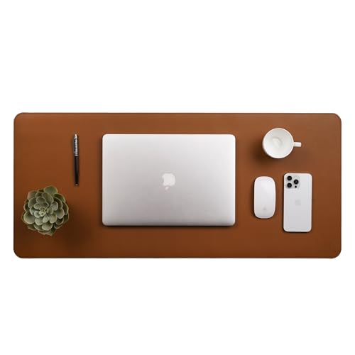 Image of Premium Vegan Leather Desk Mat, Reversible Anti-Skid Mouse Pad, 90x40cm, Dual-Side Waterproof for Gaming, Office, Work from Home (TAN & Black)