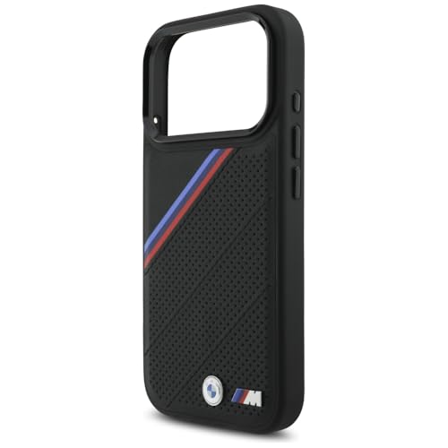 Image of CG MOBILE BMW [Official Licensed] Protective Case Designed for iPhone 17 Pro |Magnetic Compatible|M Collection|Pu Leather Tricolor Slanted Stripes & Metal Logos -Black