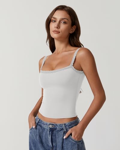 QINSEN Womens Square Neck Lace Trim Tank Top Double Lined Slim Fitted Y2k Going Out Camisole Shirts3