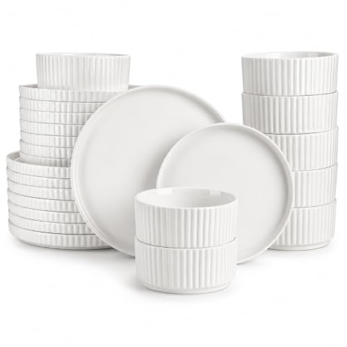 MALACASA Porcelain 24 Pieces Plates and Bowls Set, Dinnerware Set for 8