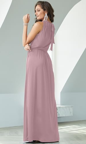 Image of KOH KOH Womens Customized Long Sexy Sleeveless Bridesmaid Halter Neck Wedding Party Guest Summer Casual Brides Formal Evening A-line Gown Gowns Personal Custom Maxi Dress Dresses, Dusty Pink