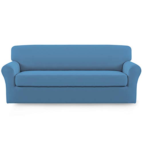 Image of Easy-Going 2 Pieces Stretch Couch Sofa Slipcover Washable | Spandex Soft Fitted Sofa Couch Cover for Sofa Furniture Protector with Bottom Kids,Pet Dog Light Blue