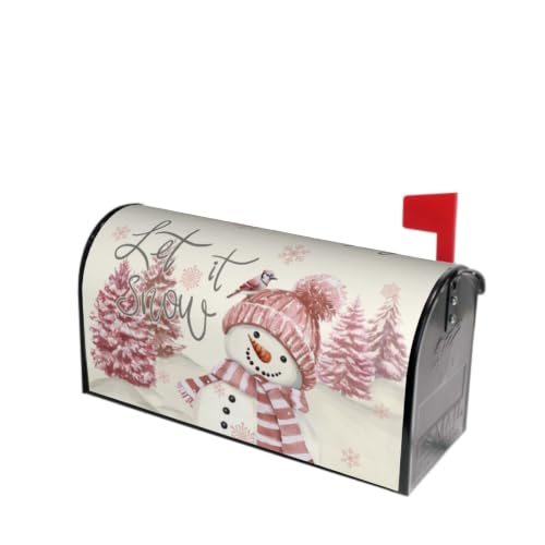 Image of Pink Snowman Mailbox Cover Magnetic- 25.5x21 Inch Large Size- Winter Pine Tree Bird Xmas Snowflake Waterproof Mailbox Wrap Post Cover for Yard Garden Outside Ourdoor Decor