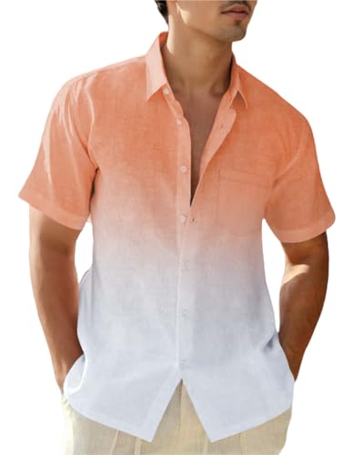 Mens Gradient Linen Shirts Short Sleeve Button Down Shirt Hawaiian Summer Beach Casual T Shirts for Men