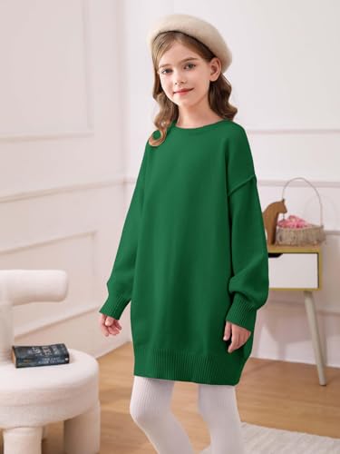 Image of Haloumoning Girls Sweater Dress Casual Crewneck Knit Long Sleeve Fall Winter Dress Pullover 5-14Y Army Green