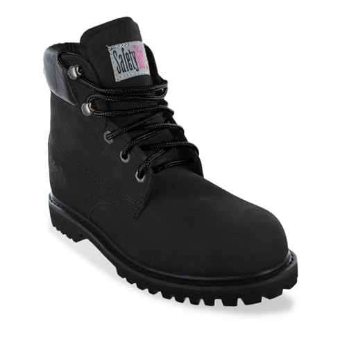 Image of Safety Girl Women's Work Boots | Water Resistant Leather Work Boots for Women | Oil & Slip-Resistant Black, Steel Toe Boots for Women | Premium Nubuck Lightweight and Comfortable | Black - 12M
