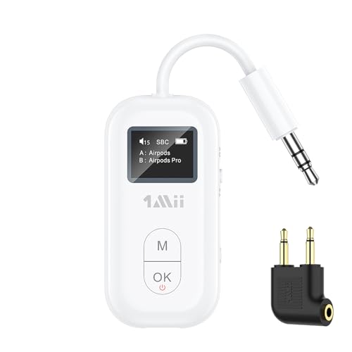 1Mii Flugzeug Bluetooth 5.3 Adapter für 2 Kopfhörer/Airpods, aptX Adaptive & Low Latency Bluetooth Sender Empfänger, Kabelloser Audio Transmitter Klinke 3,5 für TV/Stereoanlage/Gym/Auto